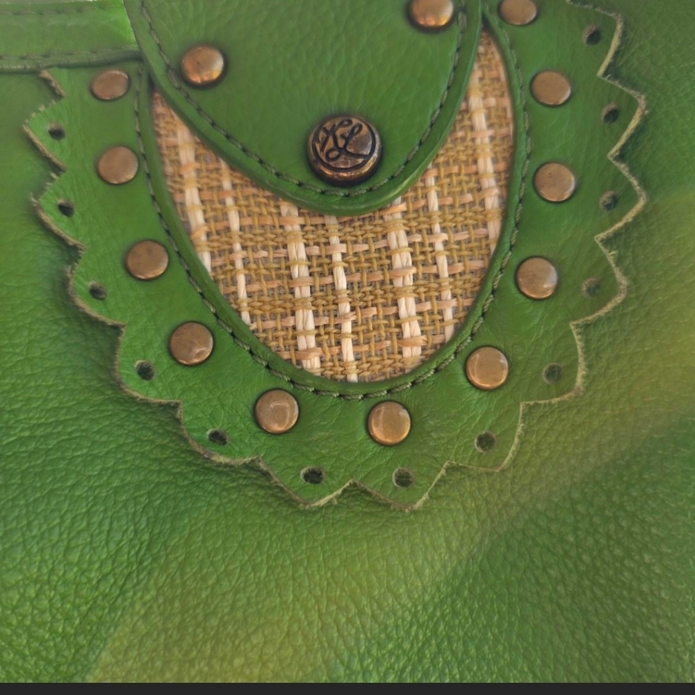 Green Leather Boho Shoulder Bag Kate Landry Studded Tassel Artisan Purse - Picture 4 of 8